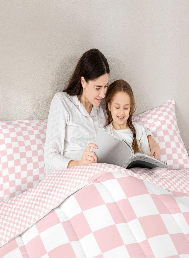 Man Fei Manfei Pink White Grid Comforter Set Queen Size, Reversible Geometric Plaid Square Bedding Set 3pcs, Kids Girls Princess Room Decor, Soft Lattice Checkerd Down Comforter for All Season, 2 Pillowcases - Image 4