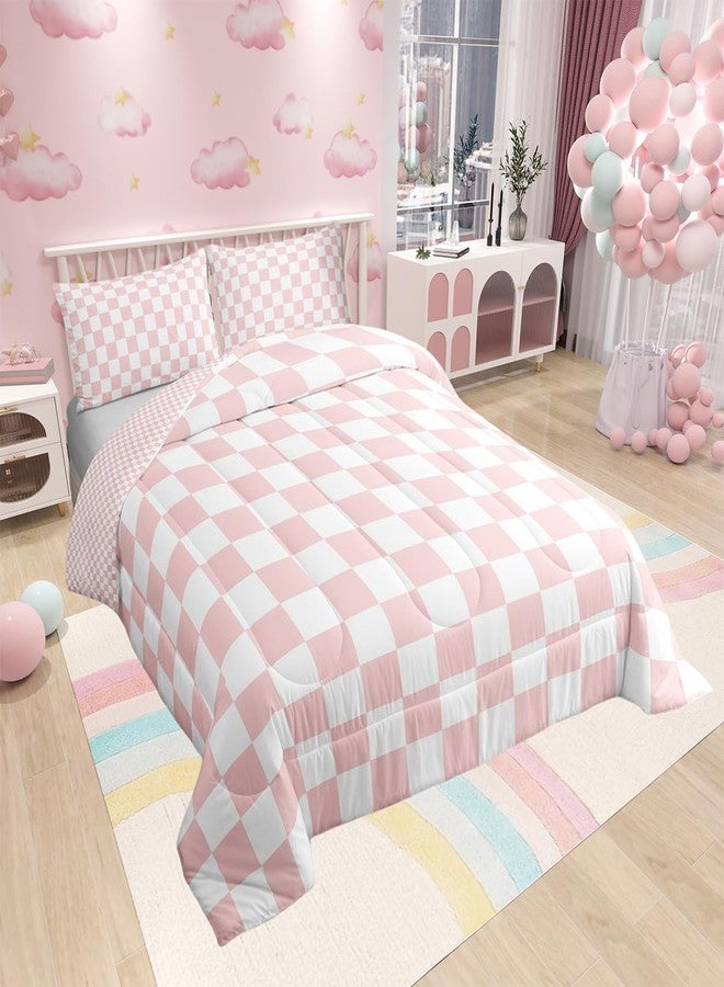 Man Fei Manfei Pink White Grid Comforter Set Queen Size, Reversible Geometric Plaid Square Bedding Set 3pcs, Kids Girls Princess Room Decor, Soft Lattice Checkerd Down Comforter for All Season, 2 Pillowcases - Image 2