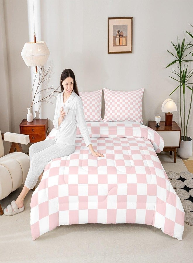 Man Fei Manfei Pink White Grid Comforter Set Queen Size, Reversible Geometric Plaid Square Bedding Set 3pcs, Kids Girls Princess Room Decor, Soft Lattice Checkerd Down Comforter for All Season, 2 Pillowcases - Image 5