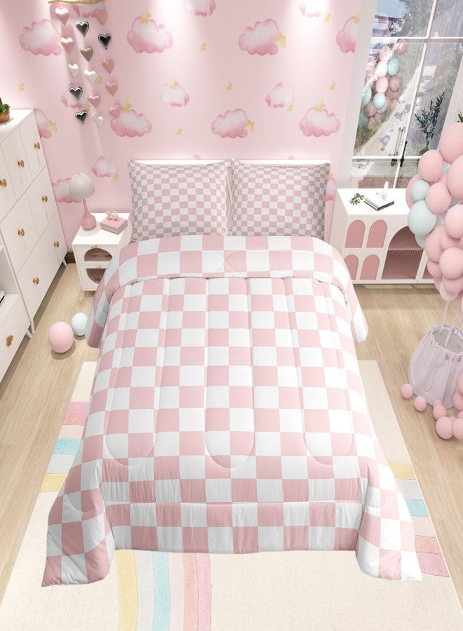 Man Fei Manfei Pink White Grid Comforter Set Queen Size, Reversible Geometric Plaid Square Bedding Set 3pcs, Kids Girls Princess Room Decor, Soft Lattice Checkerd Down Comforter for All Season, 2 Pillowcases - Image 1