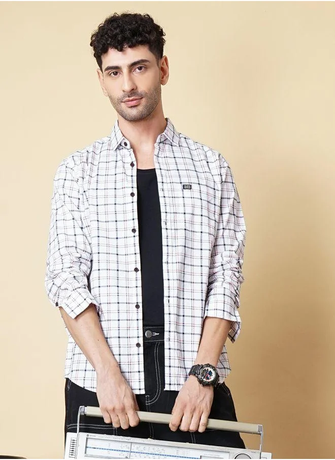 The Indian Garage Co Men Slim Fit Checkered Full Sleeves Cutaway Collar Casual Shirt