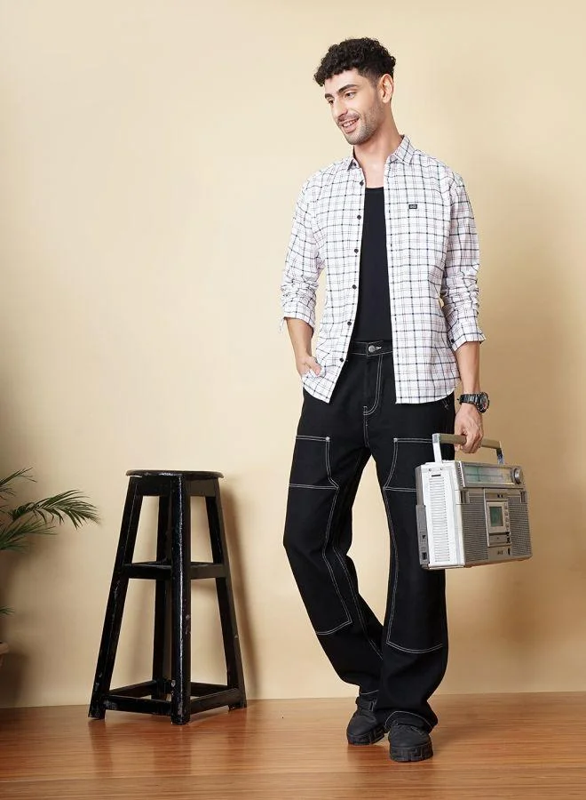 The Indian Garage Co Men Slim Fit Checkered Full Sleeves Cutaway Collar Casual Shirt