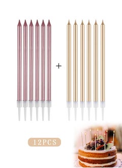 Generic 12 Pcs Electroplate Birthday Candles Set, Bio Degradable Long Thin Candles with Holders, Party Candles for Birthday Cakes Cupcake (Gold+Pink)  - Image 1