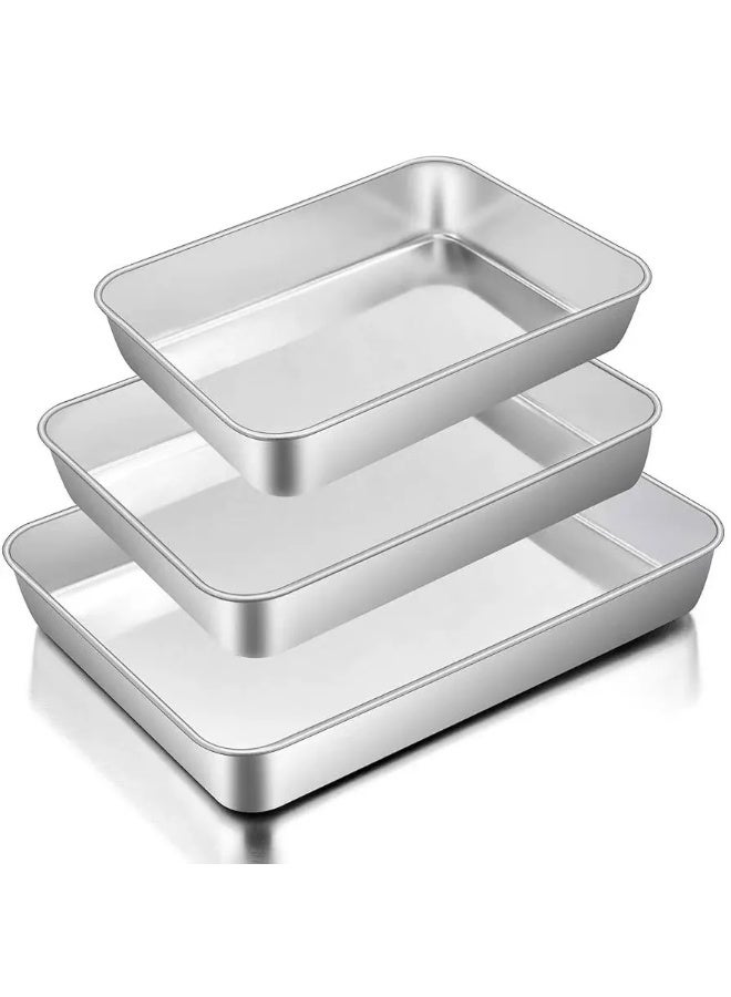 Baking Pans Set of 3, Stainless Steel Sheet Cake Pan for Oven - 12.5/10.5/9.4Inch, Rectangle Bakeware Set for Cake Lasagna Brownie Casserole Cookie, Non-toxic & Healthy, Dishwasher Safe - Image 1