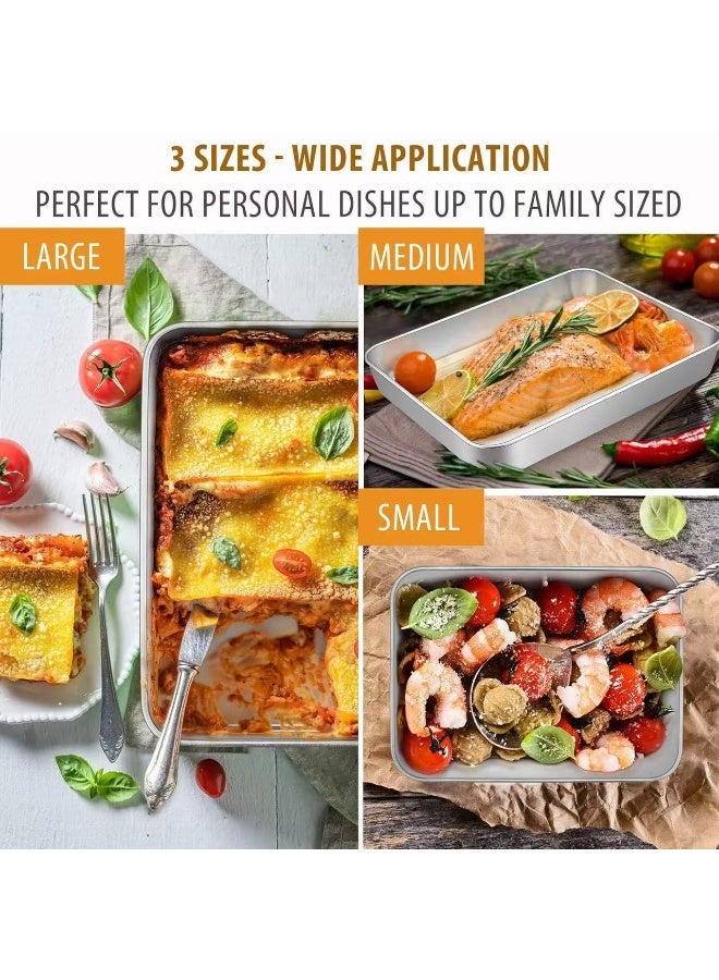 Baking Pans Set of 3, Stainless Steel Sheet Cake Pan for Oven - 12.5/10.5/9.4Inch, Rectangle Bakeware Set for Cake Lasagna Brownie Casserole Cookie, Non-toxic & Healthy, Dishwasher Safe - Image 2
