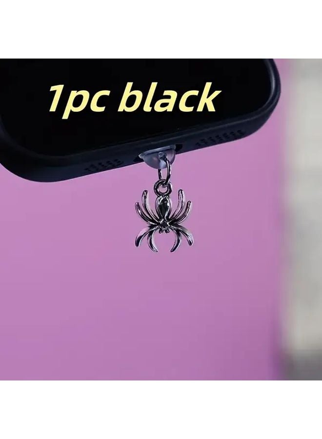 Black Spider Phone Charging Plug Anti Dust Type C Metal Charm For iPhone Android - Image 1