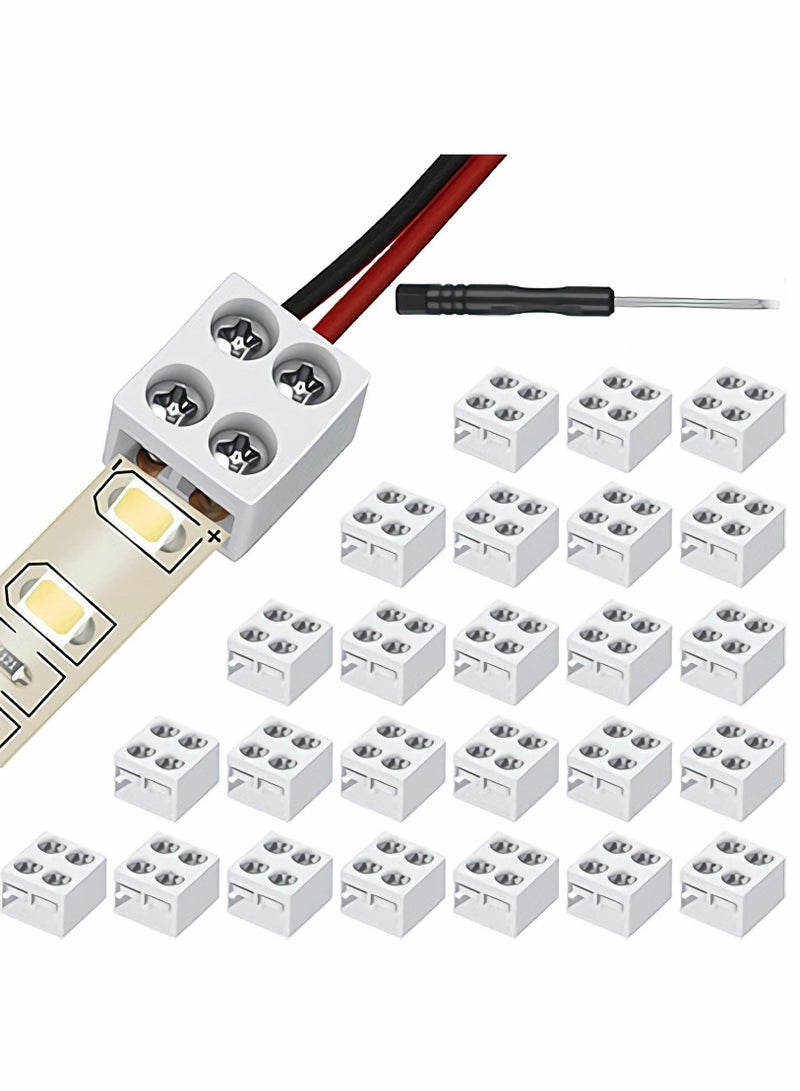 Solderless LED Tape Light Connector 2 Pin Terminal Block Connector Screw Down LED Strip Connector 8mm Tape to Wire for 5V 12V 24V Single Color LED Strip Lights, White, Screwdriver Included  - Image 1