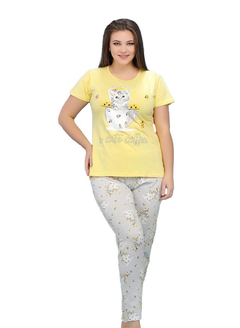 جنة بيجامة نسائية بأكمام قصيره وبنطلون طويل صيفيه مصنوعه من القطن مقاسات كبيره