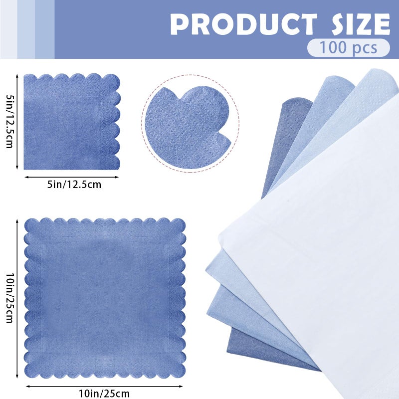 Zhanmai Zhanmai 100 Pack Cocktail Napkins 5 x 5 Inch Scalloped Napkins Beverage Gradient Color Paper with Scalloped Edges Thick Disposable Luncheon for Party Supplies (Dusty Blue) - Image 2