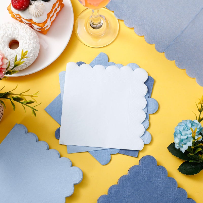 Zhanmai Zhanmai 100 Pack Cocktail Napkins 5 x 5 Inch Scalloped Napkins Beverage Gradient Color Paper with Scalloped Edges Thick Disposable Luncheon for Party Supplies (Dusty Blue) - Image 3