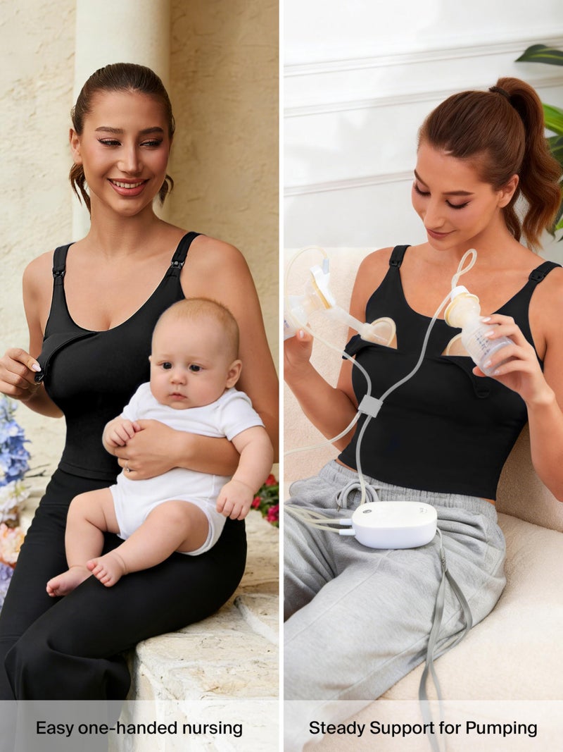 Ecavus Nursing Bras for Breastfeeding Longline Sports Maternity V Neck Buttery Soft Crop Tank Top with Built in Bra Black - Image 2