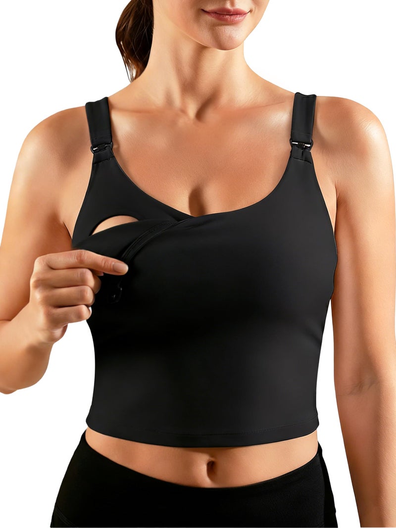 Ecavus Nursing Bras for Breastfeeding Longline Sports Maternity V Neck Buttery Soft Crop Tank Top with Built in Bra Black - Image 1