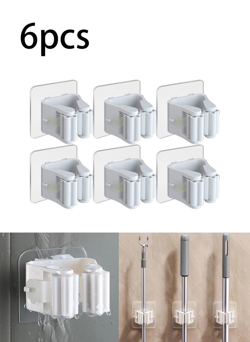 Wall Mounted Mop Holder 6-Pack No-Drill Installation Heavy Duty Adhesive Broom Organizer for Kitchen Bathroom Cleaning Tools Storage for Home Use - Image 1