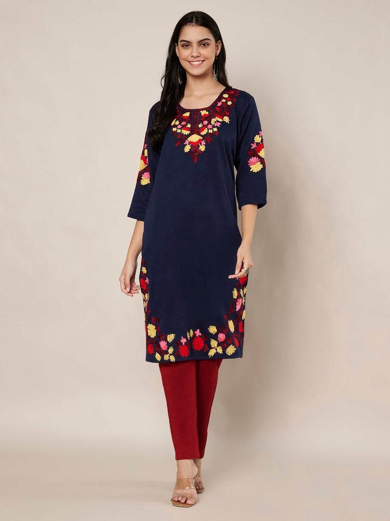 TREND LEVEL Winter Warm Woolen Embroidery Kurta/Kurti for Women's (Multi Flower) (in, Alpha, XL, Hand by Flower_Navy- Off White) - Image 2