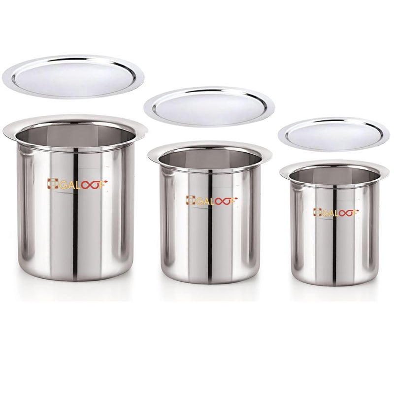GALOOF Stainless Steel Deep Gunj with Lid for Boiling Milk and Water | Flat Bottom Deep Milk Pot with Lid Set of 3 | Long Tapeli Milk Boiler Vessel | 1 L, 1.3 L, 1.7 L Set of 3 Milk Pot Set with Lid - Image 1