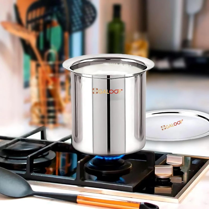 GALOOF Stainless Steel Deep Gunj with Lid for Boiling Milk and Water | Flat Bottom Deep Milk Pot with Lid Set of 3 | Long Tapeli Milk Boiler Vessel | 1 L, 1.3 L, 1.7 L Set of 3 Milk Pot Set with Lid - Image 2