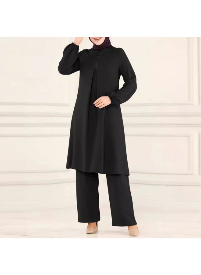 Muslim Women's Wear Spring And Autumn New Solid Color Round Neck Sequin Long Sleeve Shirt And Pants Fashion Casual Set - Image 3