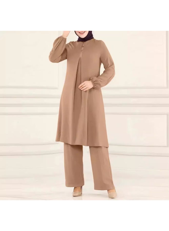 Muslim Women's Wear Spring And Autumn New Solid Color Round Neck Sequin Long Sleeve Shirt And Pants Fashion Casual Set - Image 2