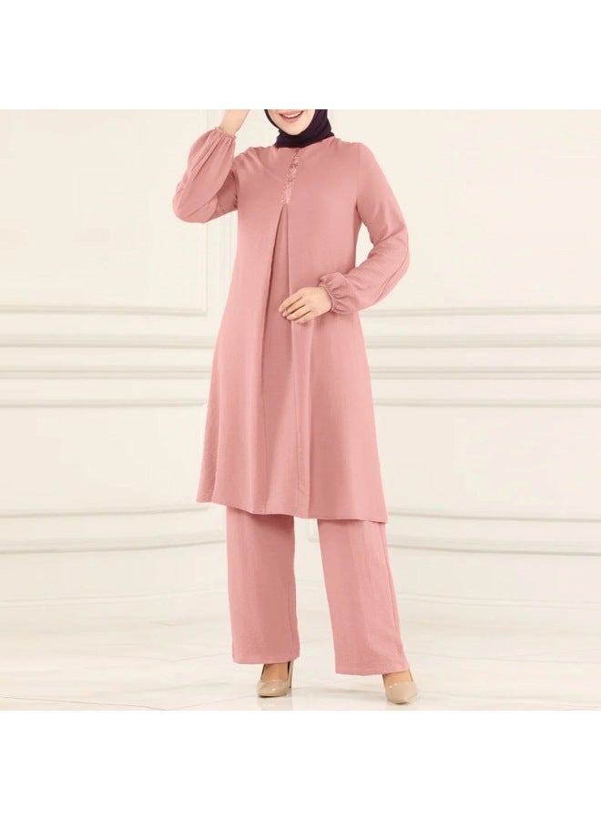 Muslim Women's Wear Spring And Autumn New Solid Color Round Neck Sequin Long Sleeve Shirt And Pants Fashion Casual Set - Image 1
