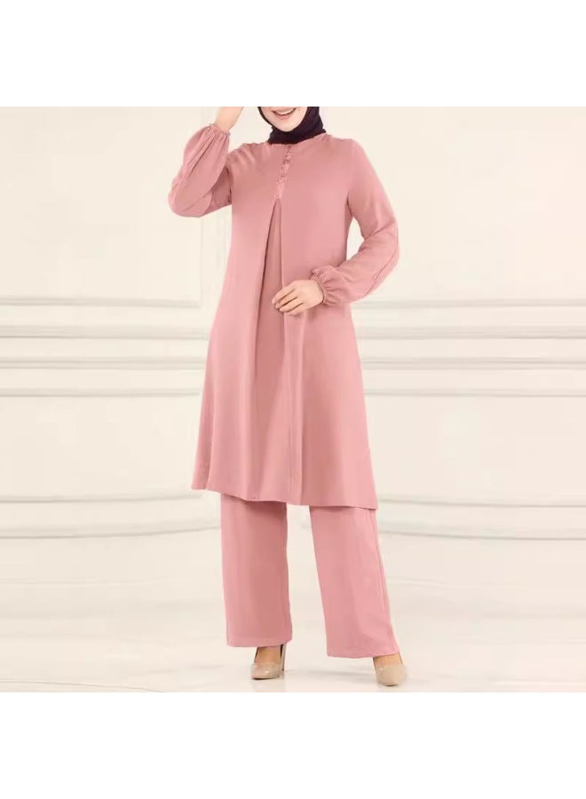 Muslim Women's Wear Spring And Autumn New Solid Color Round Neck Sequin Long Sleeve Shirt And Pants Fashion Casual Set - Image 4