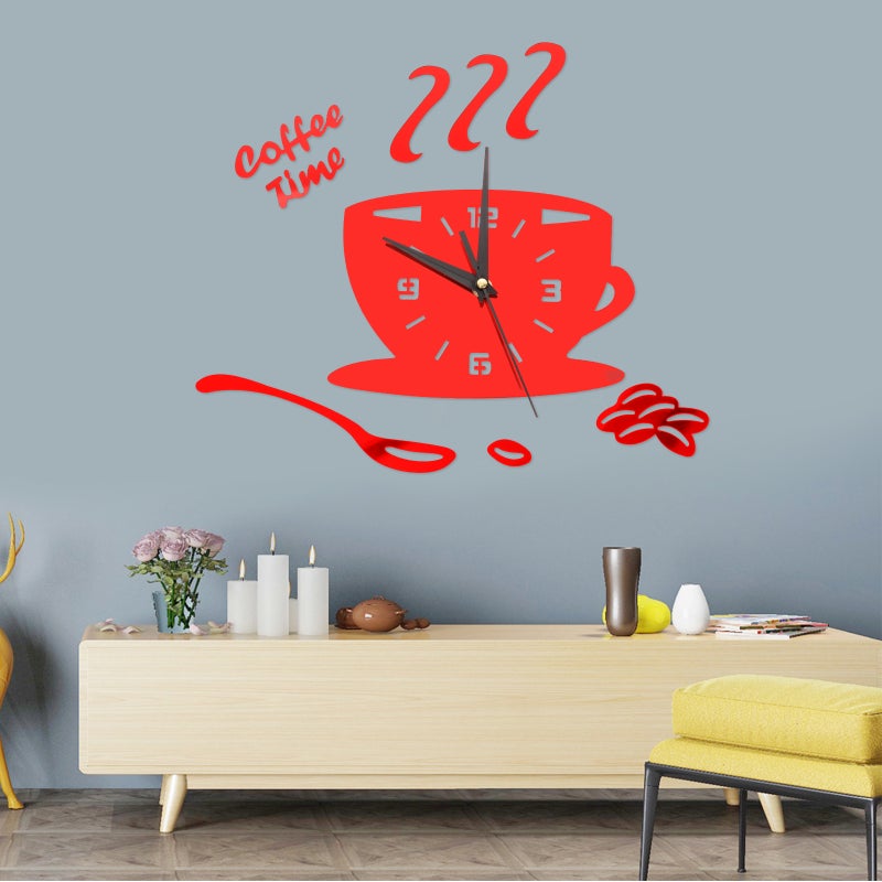 🏠 ساعة حائط أكريليك ثلاثية الأبعاد للمطبخ والديكور المنزلي شكل كوب قهوة بأرقام مجوفة باللون الأحمر بتصميم عشوائي - Image 2
