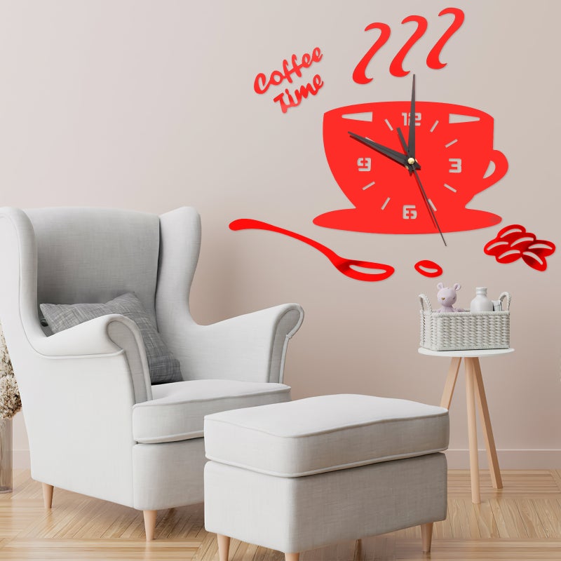 🏠 ساعة حائط أكريليك ثلاثية الأبعاد للمطبخ والديكور المنزلي شكل كوب قهوة بأرقام مجوفة باللون الأحمر بتصميم عشوائي - Image 3