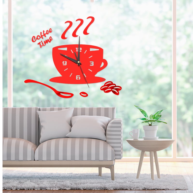 🏠 ساعة حائط أكريليك ثلاثية الأبعاد للمطبخ والديكور المنزلي شكل كوب قهوة بأرقام مجوفة باللون الأحمر بتصميم عشوائي - Image 5
