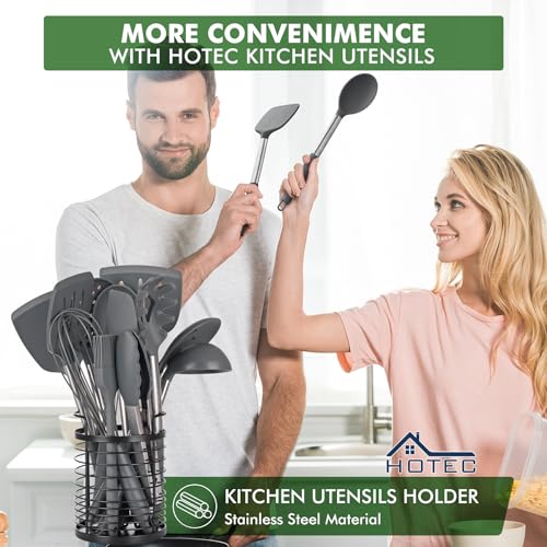 HOTEC 446°F Heat Resistant Silicone Kitchen Utensils, Cooking Utensil Set, Spatula Set, BPA Free, Kitchen Gadgets, with Stainless Steel Utensils Holder, Dishwasher Safe, 14pcs Grey - Image 3
