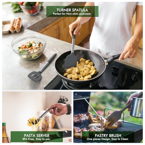 HOTEC 446°F Heat Resistant Silicone Kitchen Utensils, Cooking Utensil Set, Spatula Set, BPA Free, Kitchen Gadgets, with Stainless Steel Utensils Holder, Dishwasher Safe, 14pcs Grey - Image 4