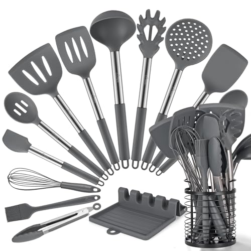 HOTEC 446°F Heat Resistant Silicone Kitchen Utensils, Cooking Utensil Set, Spatula Set, BPA Free, Kitchen Gadgets, with Stainless Steel Utensils Holder, Dishwasher Safe, 14pcs Grey - Image 1