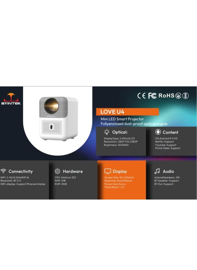 BYINTEK - BYINTEK U4 Mini Projector, Smart Wireless Projector, Android 9.0 TV, 260 ANSI, Fully Sealed Dustproof, Compatible with TV Stick, Laptop, Tablets, iOS & Android Devices Wi-Fi Display - Image 1