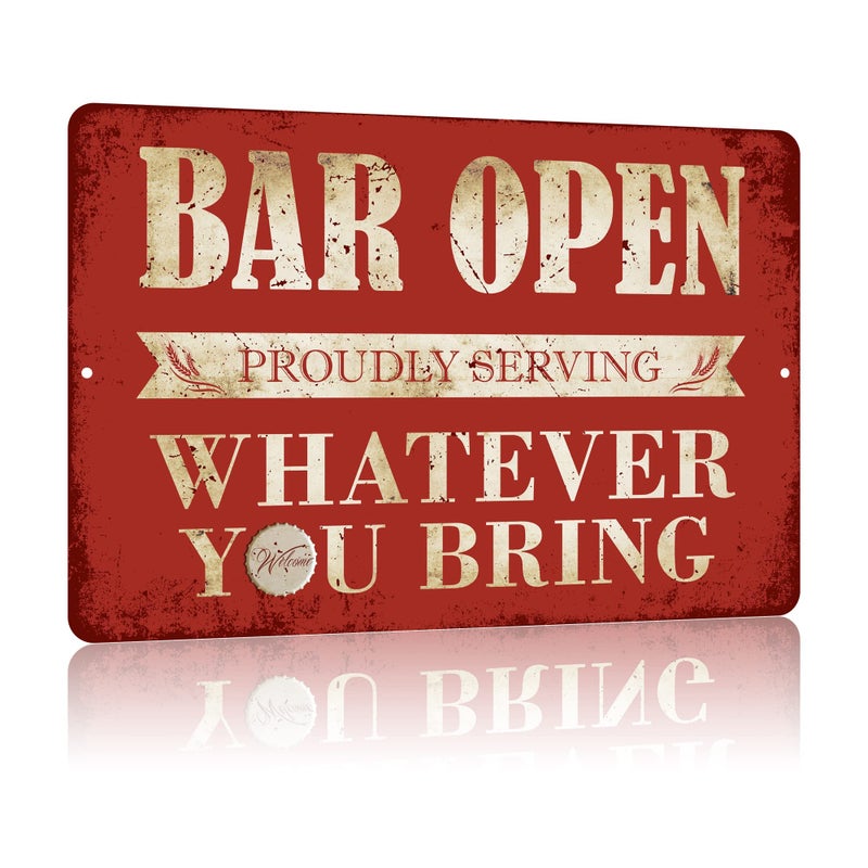 Yniaun Decor Vintage Bar Sign Decor Funny Bar علامات معدنية مفتوحة للمنزل بار Man Cave Decords - 8 × 12 بوصة داخلية وخارجية - تقدم بفخر كل ما تحضره - Image 1