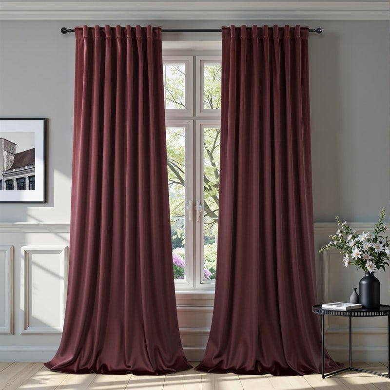 Pitalk Ruby Wine Velvet Curtains 96 Inches Long for Living Room 2 Panels Light Blocking Energy Efficient Cute Pretty Drape Thick Privacy Nursery Girls Curtain for Bedroom Dining Mauve Plum Colored 96 Length - Image 1