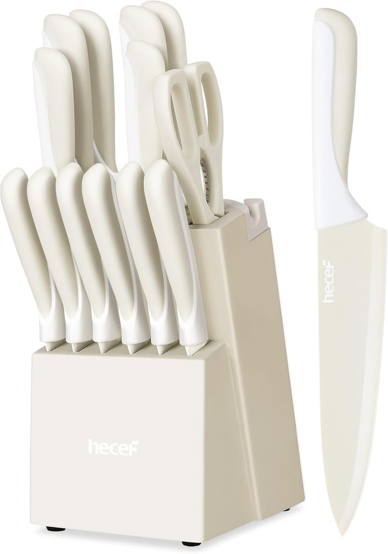 hecef 15 Pieces Kitchen Knife Set with Built-in Sharpening Wooden Block, Dishwasher Safe, High Carbon Stainless Steel Knife Block Set with Steak Knives, Kitchen Scissors, Cream White - Image 1