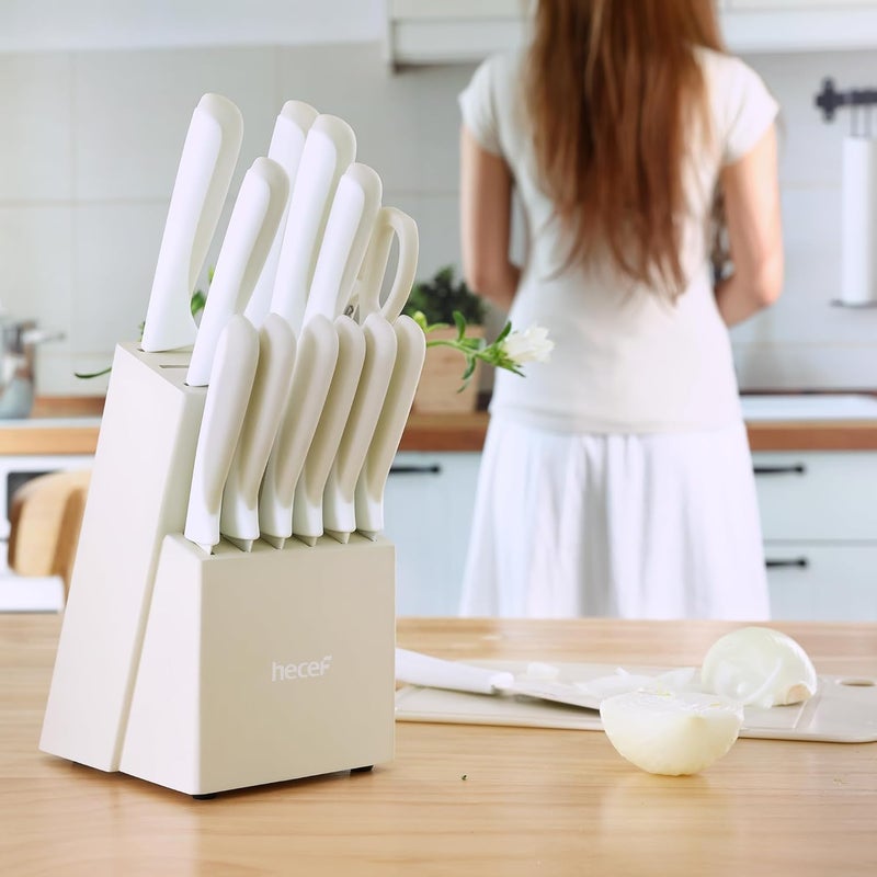 hecef 15 Pieces Kitchen Knife Set with Built-in Sharpening Wooden Block, Dishwasher Safe, High Carbon Stainless Steel Knife Block Set with Steak Knives, Kitchen Scissors, Cream White - Image 5