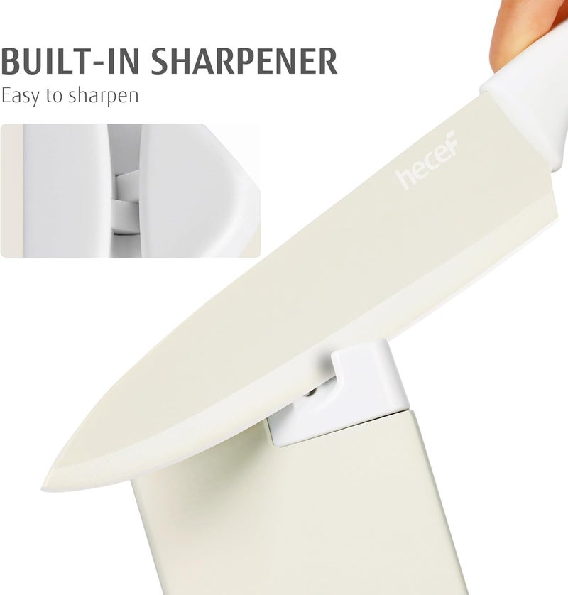 hecef 15 Pieces Kitchen Knife Set with Built-in Sharpening Wooden Block, Dishwasher Safe, High Carbon Stainless Steel Knife Block Set with Steak Knives, Kitchen Scissors, Cream White - Image 4