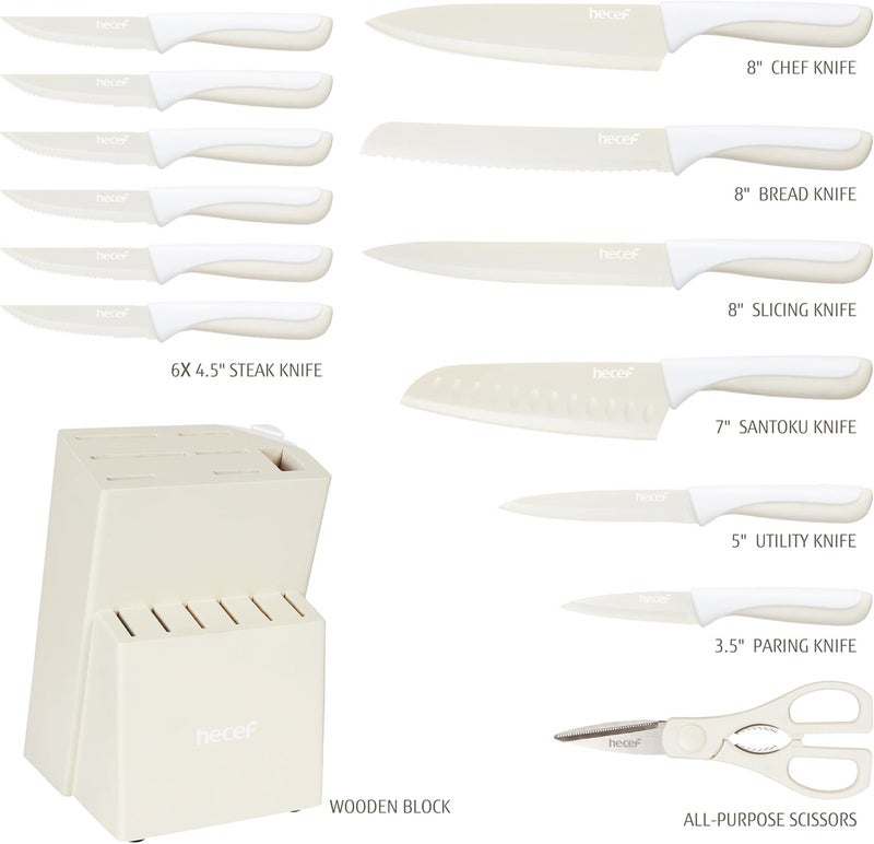 hecef 15 Pieces Kitchen Knife Set with Built-in Sharpening Wooden Block, Dishwasher Safe, High Carbon Stainless Steel Knife Block Set with Steak Knives, Kitchen Scissors, Cream White - Image 2