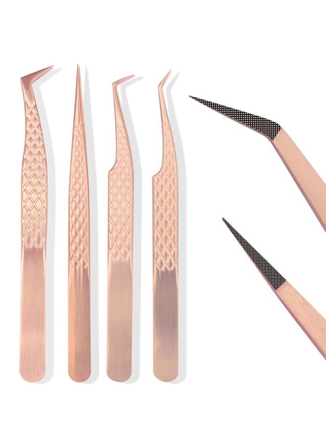 CL CAMILLASH Fiber Tip Lash Tweezers For Eyelash Extension 4 Pcs Tweezers Professional Artist Tech Work Kit Tools,Best Volume Eyelash Lashes Extensions Precision Supplies Volume Boot 90 45 Degree(Rose Gold) - Image 1