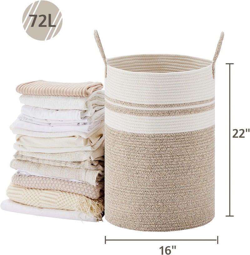 VIPOSCO Large Laundry Hamper, Tall Woven Rope Storage Basket for Blanket, Toys, Dirty Clothes in Living Room, Bathroom, Bedroom - 72L Brown & White - Image 5