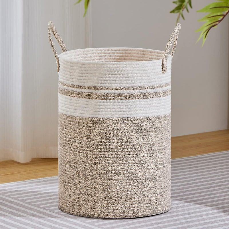 VIPOSCO Large Laundry Hamper, Tall Woven Rope Storage Basket for Blanket, Toys, Dirty Clothes in Living Room, Bathroom, Bedroom - 72L Brown & White - Image 1