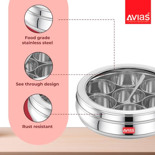 AVIAS Stainless Steel Spice Box/Masala Dabba/Spice Box For Kitchen/Anjarai Petti For Kitchen/Masala Box (Deluxe Glass Lid - Small), 175 Ml, Silver - Image 2