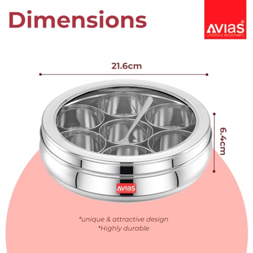 AVIAS Stainless Steel Spice Box/Masala Dabba/Spice Box For Kitchen/Anjarai Petti For Kitchen/Masala Box (Deluxe Glass Lid - Small), 175 Ml, Silver - Image 5