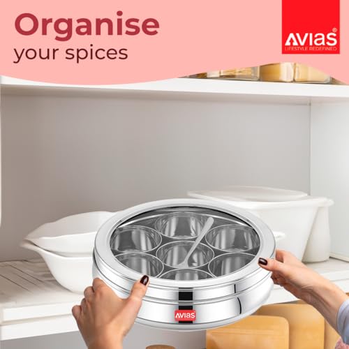 AVIAS Stainless Steel Spice Box/Masala Dabba/Spice Box For Kitchen/Anjarai Petti For Kitchen/Masala Box (Deluxe Glass Lid - Small), 175 Ml, Silver - Image 4