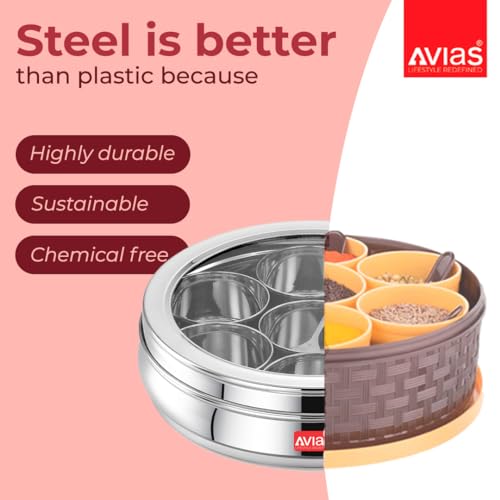 AVIAS Stainless Steel Spice Box/Masala Dabba/Spice Box For Kitchen/Anjarai Petti For Kitchen/Masala Box (Deluxe Glass Lid - Small), 175 Ml, Silver - Image 3