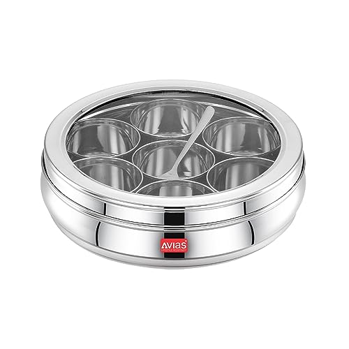 AVIAS Stainless Steel Spice Box/Masala Dabba/Spice Box For Kitchen/Anjarai Petti For Kitchen/Masala Box (Deluxe Glass Lid - Small), 175 Ml, Silver - Image 1