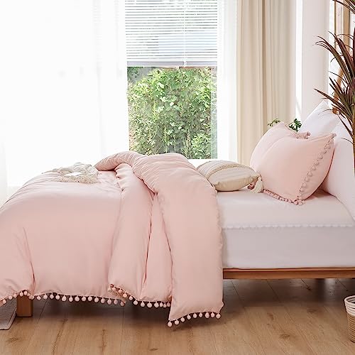 YIRDDEO Queen Comforter Set - Comforter Queen Size Sets with Ball Pom Fringe, Soft Bedding Set for All Seasons - 3 Pieces, 1 Comforter (90"x90") & 2 Pillow Shams (20"x26"), Blush - Image 3