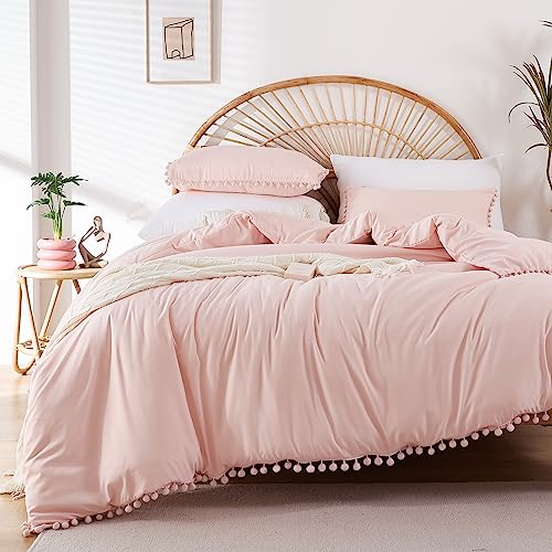 YIRDDEO Queen Comforter Set - Comforter Queen Size Sets with Ball Pom Fringe, Soft Bedding Set for All Seasons - 3 Pieces, 1 Comforter (90"x90") & 2 Pillow Shams (20"x26"), Blush - Image 2