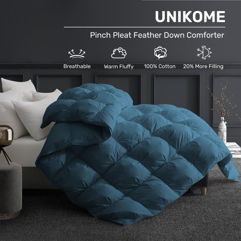 UNIKOME Pinch Pleat Goose Feather Down Comforter -20% Extra Fill, 90oz, All Season Duvet Insert with 100% Cotton Cover, Cloud-Like Fluffiness (Navy, Queen/Full,90"X90") - Image 2