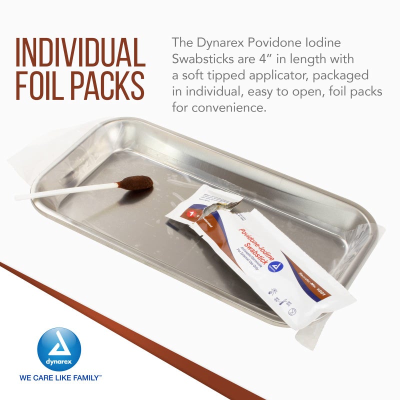Dynarex Povidone Iodine Swabsticks, Swabstick Packaged in Individual Foil Pack, Antiseptic for Skin Preparation, Brown, 1 Box of 50 Dynarex Povidone Iodine Swabsticks - Image 3