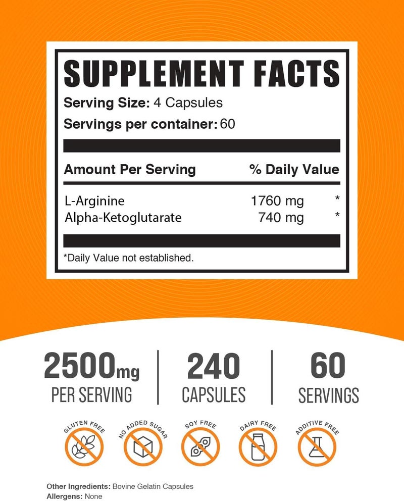 BulkSupplementscom AAKG Capsules  Arginine AKG Supplement Nitric Oxide Supplement  Gluten Free 4 Capsules per Serving 2500mg 240 Count Pack of 1 - Image 2